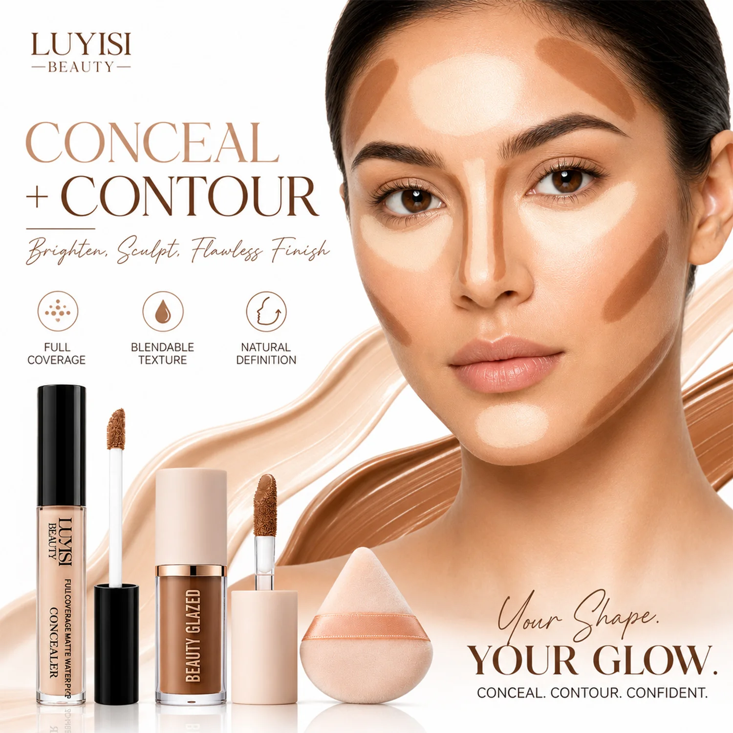 3pcs/Set:Concealer+Contour Powder+Blending Puff.Waterproof, Transfer-Resistant, All-Day Wear - Velvet Matte, Buildable Coverage