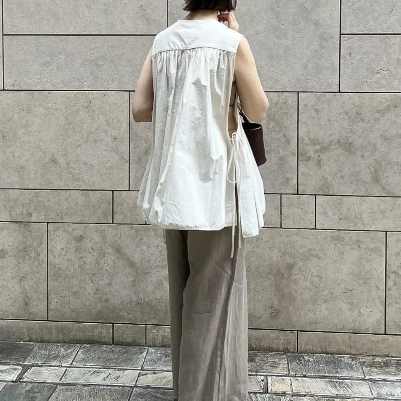 Lace-up Ropa Mujer Pleated Hem Shirts & Blouses 2024 O-neck Sleeveless Woman Blusas Japan Casual Camisas Summer New Roupas