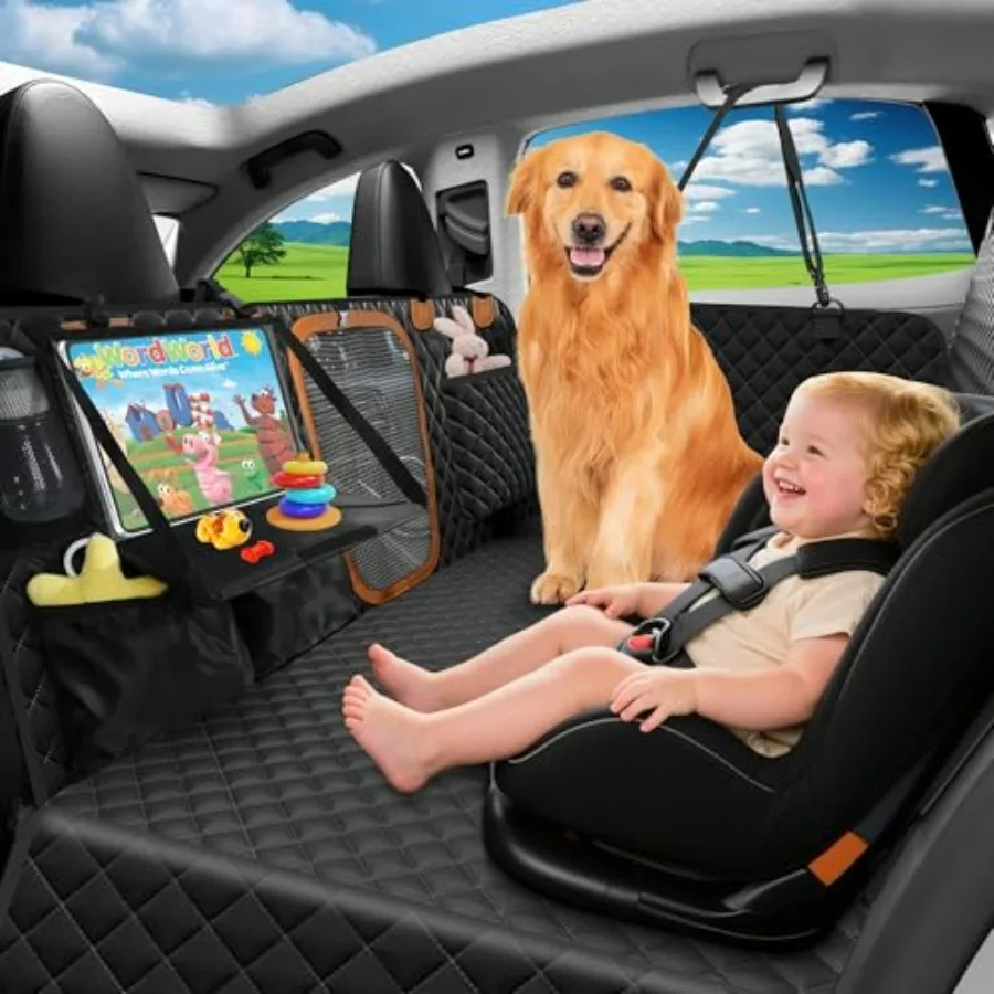 

Hard Bottom Dog Seat Cover for Back Seat with Tablet Holder and Foldable Food Tray Waterproof Car/SUV Back Seat Extender in Bla