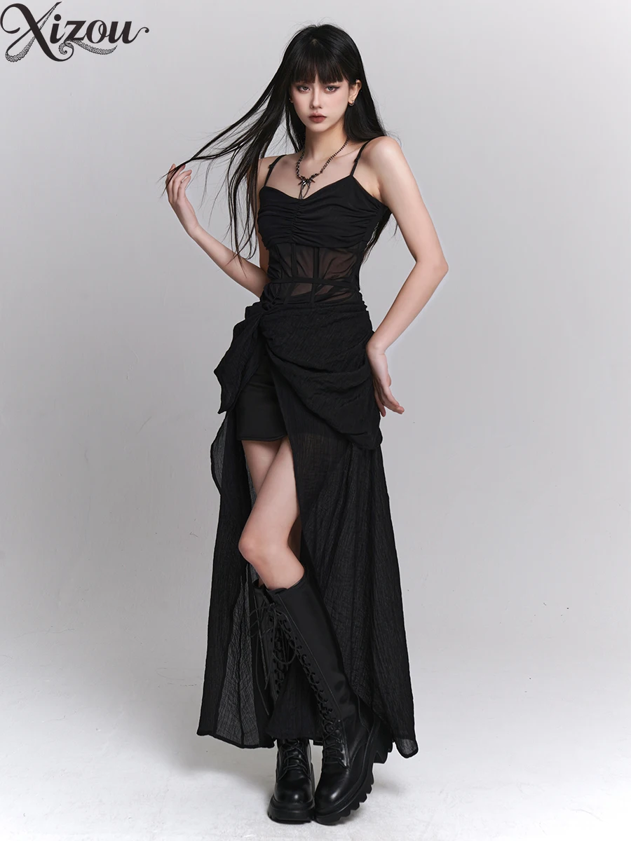 

2025 Черное длинное платье на бретелях, крутое элегантное трапециевидное платье с тонкой талией и разрезом, нерегулярный подол, сетчатое платье Hebe для концерта, дня рождения, летнее платье