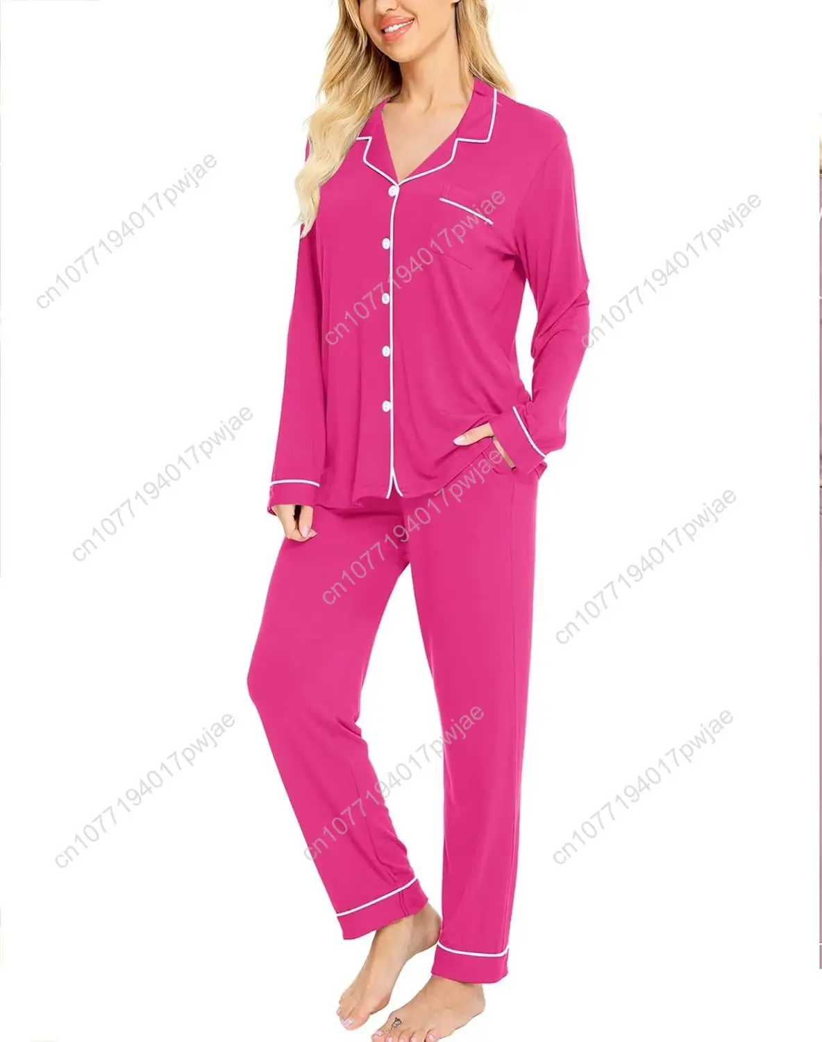 SWOMOG Damen-Pyjama-Set, langärmelig, Nachtwäsche, Knopfleiste, Nachtwäsche, weiche Baumwolle, Pj-Lounge-Sets