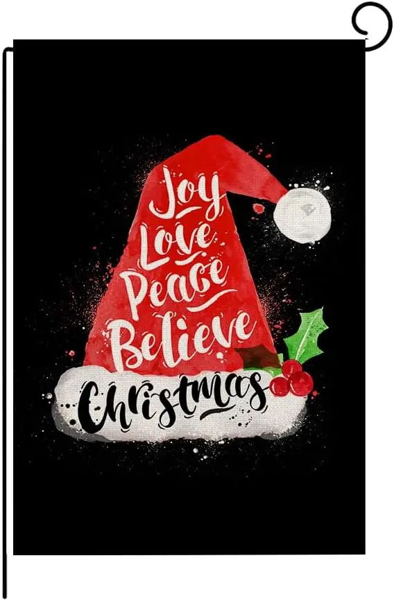 Joy Love Peace Believe Red Santa Hat Christmas Garden Flag, 12x18 Inch Double Sided Christmas Garden Flag House Flag For Outdoor