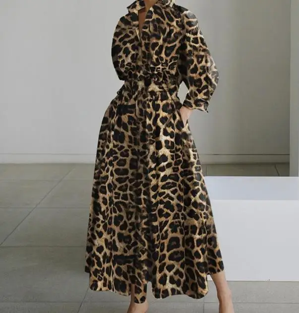 Vestido com estampa leopardo para mulheres, manga longa, polo urbano, balanço grande, roupas elegantes, moda, verão, 2023