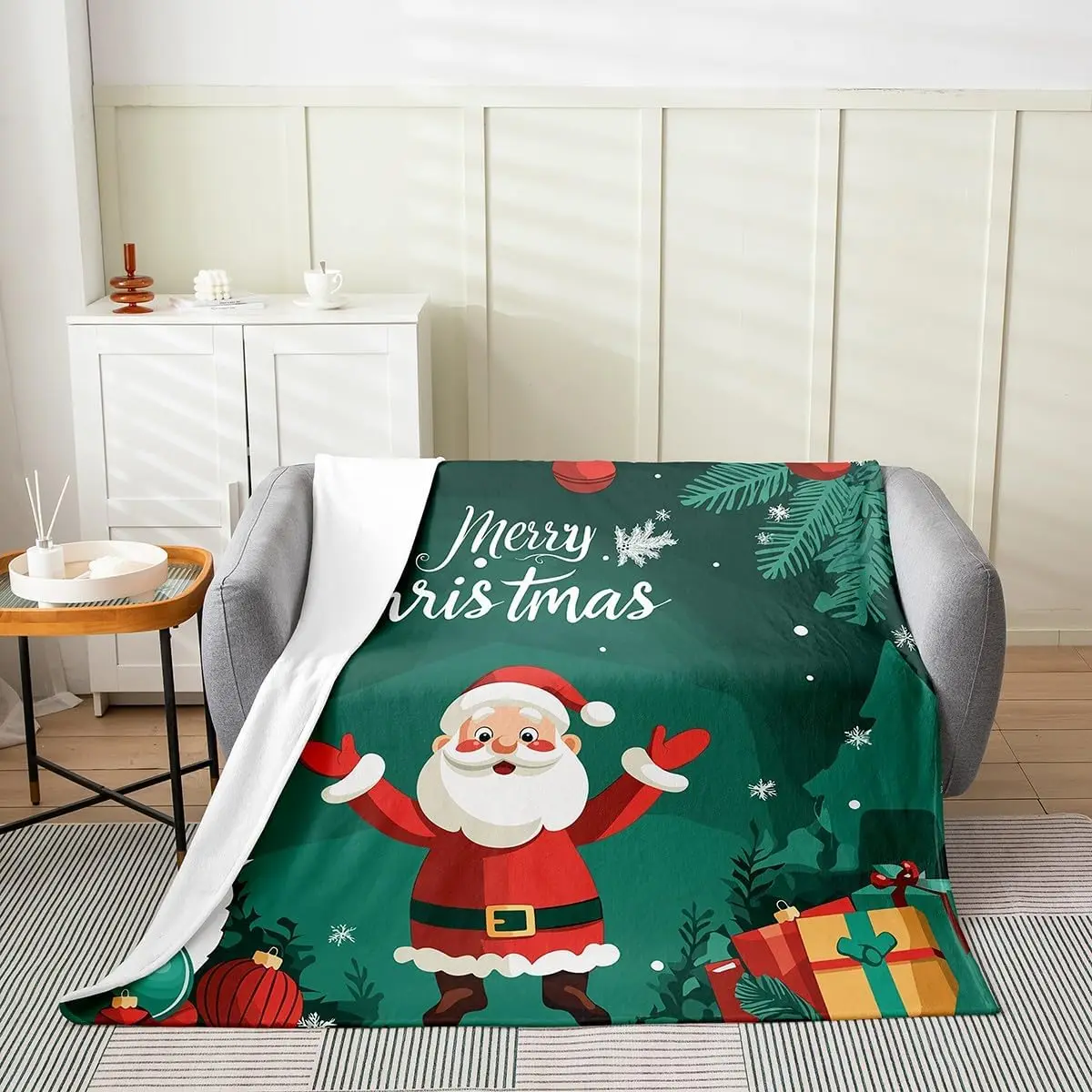 Merry Christmas Flannel Blanket, Cartoon Santa Claus Fleece Blanket Baby, Green Botanica Pine Tree Branch Fuzzy Plush Throw Cute