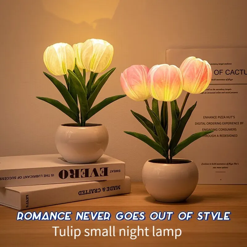 LED Tulip Night Light Can Be Plugged In Or On The Battery Bedroom Room Dormitory Bedside Ambient Light White / Pink Sleep Light