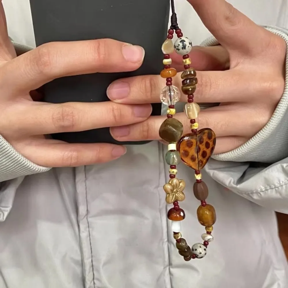 Cute Retro Phone Chain Rope Resin Leopard Heart Beaded Wrist Lanyard Strap Hanging Cord For Girl Woman