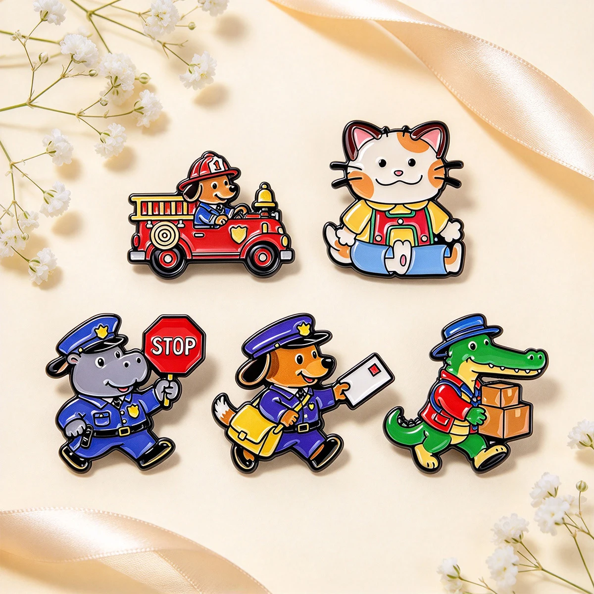 Mixed Cartoon Animal Worker Enamel Pins Doctor Axolotl Rabbit Otter Lapel Brooches Badges for Backpacks Clothing Decoration Gift