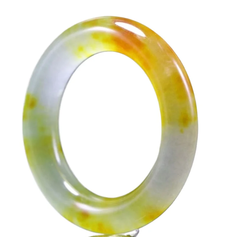 jadeite ice type white background yellow jadeite jade stone bracelet women's round bar jade bracelet