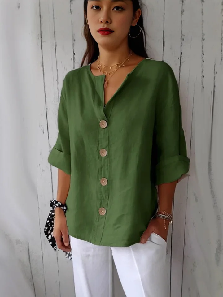 Women Linen Blend 3/4 Sleeve Blouse V Neck Button Front Loose Casual Solid Color Shirt Tops
