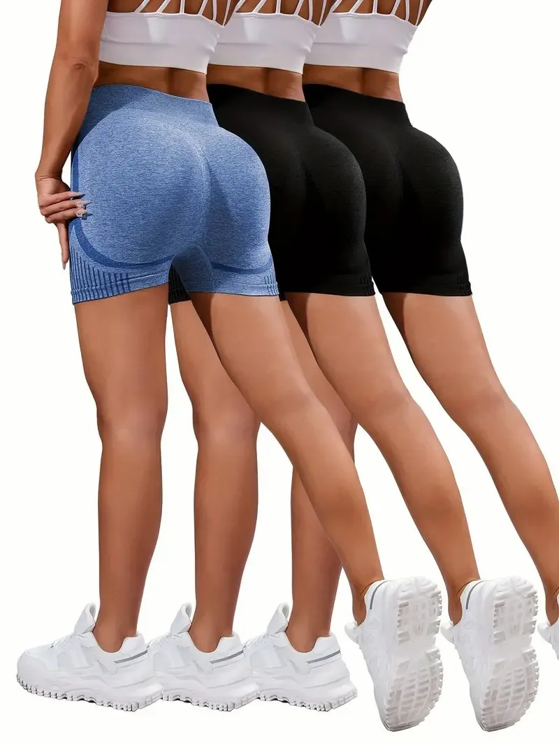 

3pcs Solid Color High Waist Yoga Shorts Stretchy Running Fitness Sports Shorts Women's Activewear