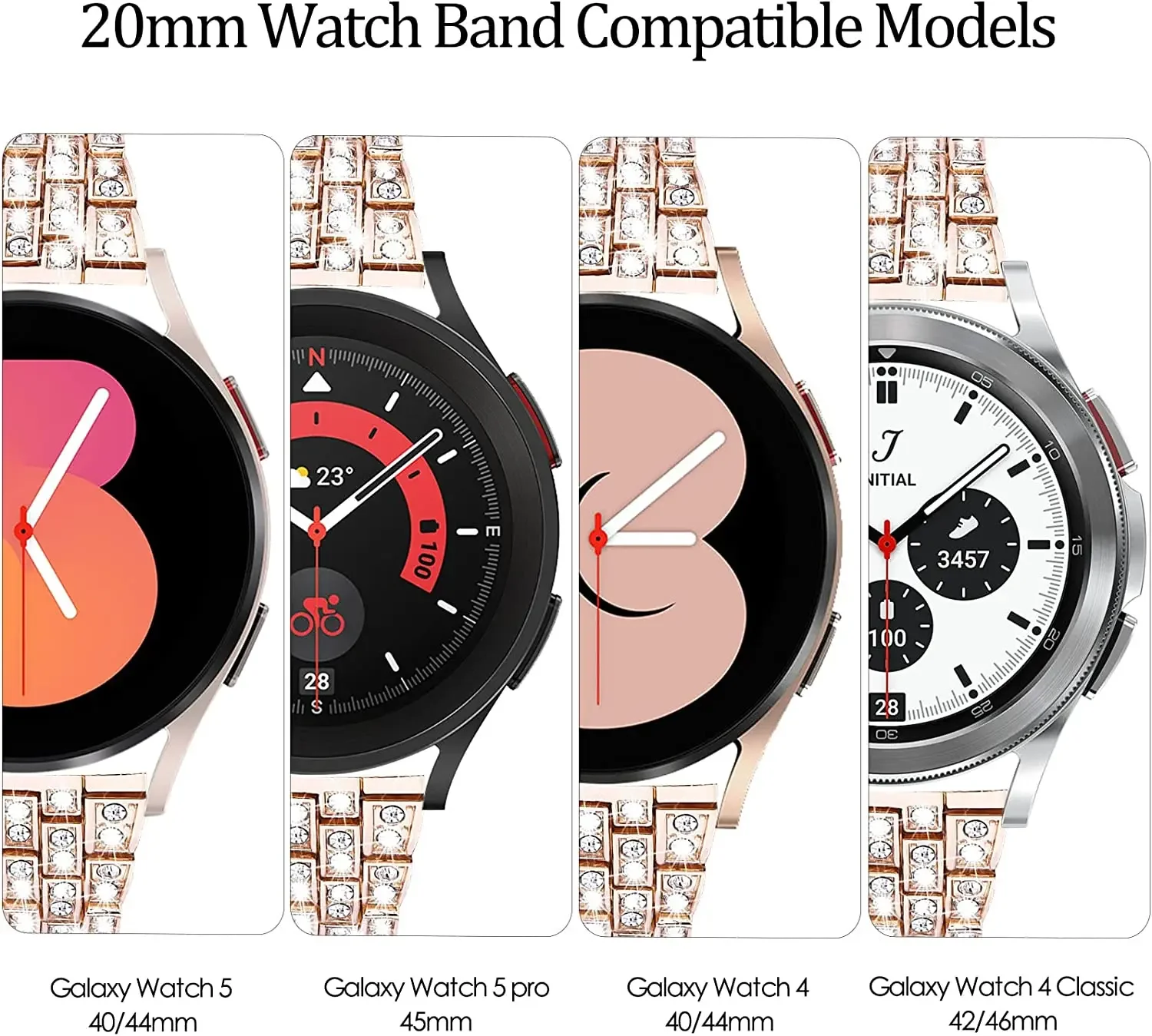 Rotterdam Kly Bling Diamond Strap, Bracelet pour Samsung Galaxy Watch 6, Classic 5 Pro 45mm, Watch 4, Classic 42, 46mm, Active 2 40mm, 44mm