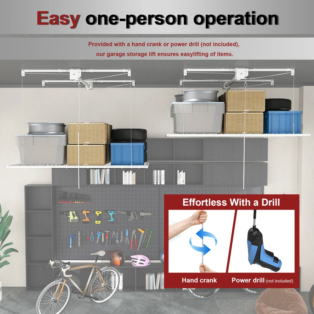 White Overhead Garage Storage Rack 4x8 FT for High Ceilings 10-12 FT, 350LBS Capacity All-Steel Construction with Safety Lock (Installation Required, Heavy-Duty Garage Organizer) view 6