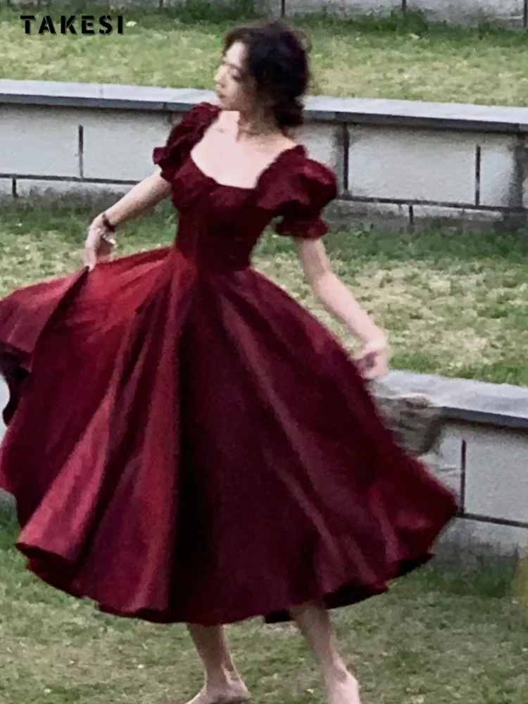 

Женское платье с квадратным вырезом, однотонное элегантное красное приталенное платье принцессы с высокой талией и коротким рукавом, лето 2024