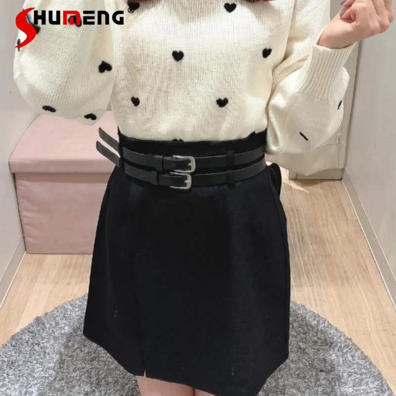 

Japanese Rojita Style Women's Clothing Double Belt Slim Fit A-line Short Skirt High Irregular Slit Mini Skirts Black Grey Color