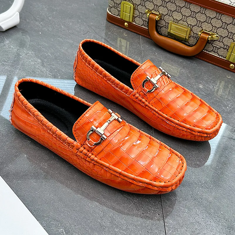 Classic Fashion Orange Men Casual Loafers Size 38-48 Breathable Glitter Leather Shoes Men Slip-on Driving Shoes Mocassins Hommes