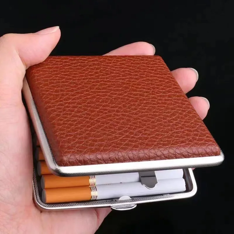 CigaretteCase MetalThinHand Rolled Leather Cigarette Box 20 Capacity, Pocket Sized Portable Classy Cigarette Holder for Men Gift