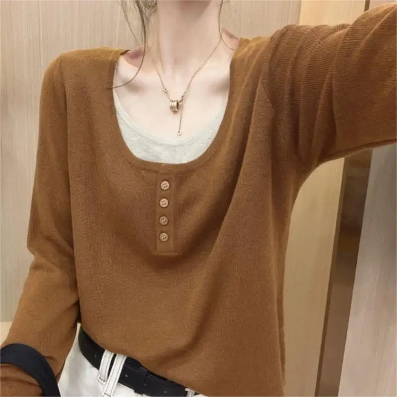 Lazy Blocked Fake Two-piece Round Neck Long Sleeved T-shirt for Women's Autumn New Temperament Front Shoulder Slim Base Shirt