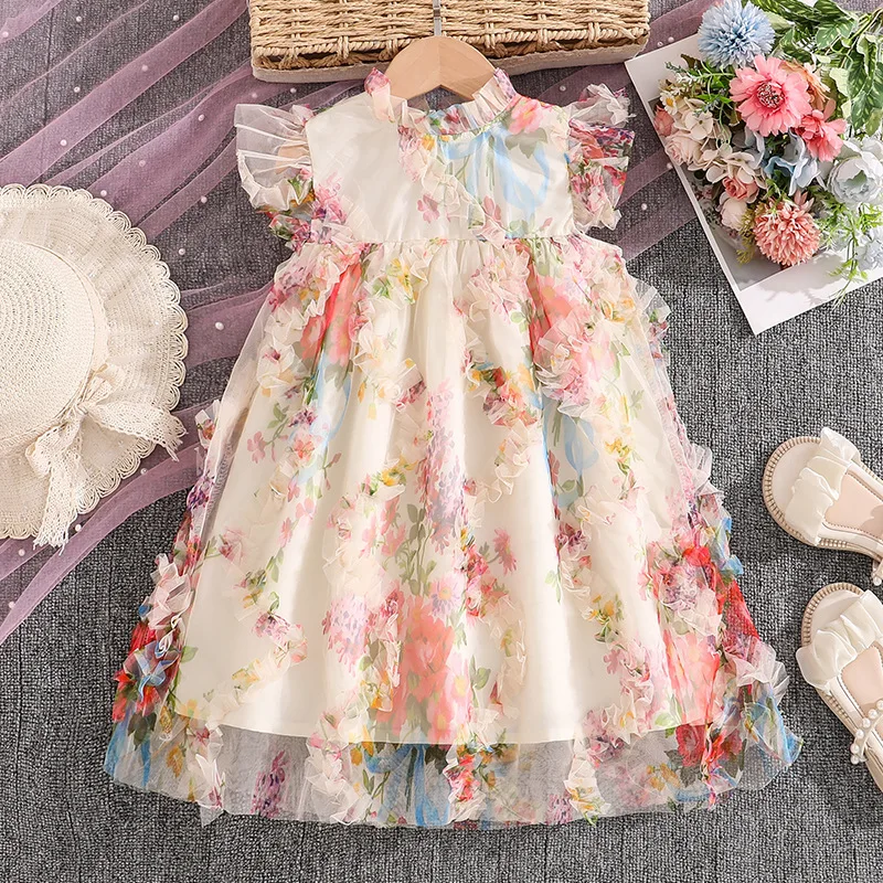 

2026 Spring/Summer Style Fashionable Vacation-style Fairy Princess Dress for Girls Elegant Printed Flowing Sleeve Net Silk Dress