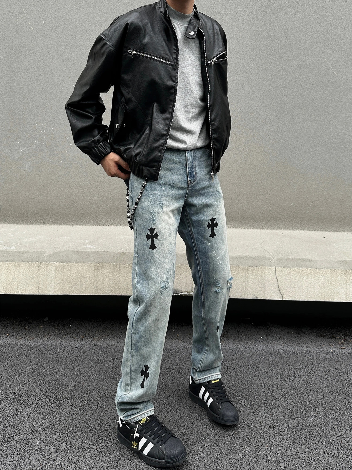 

Мужские джинсы в стиле ретро с принтом в виде креста, узкие прямые брюки, модные длинные штаны, молодежная повседневная одежда, летние