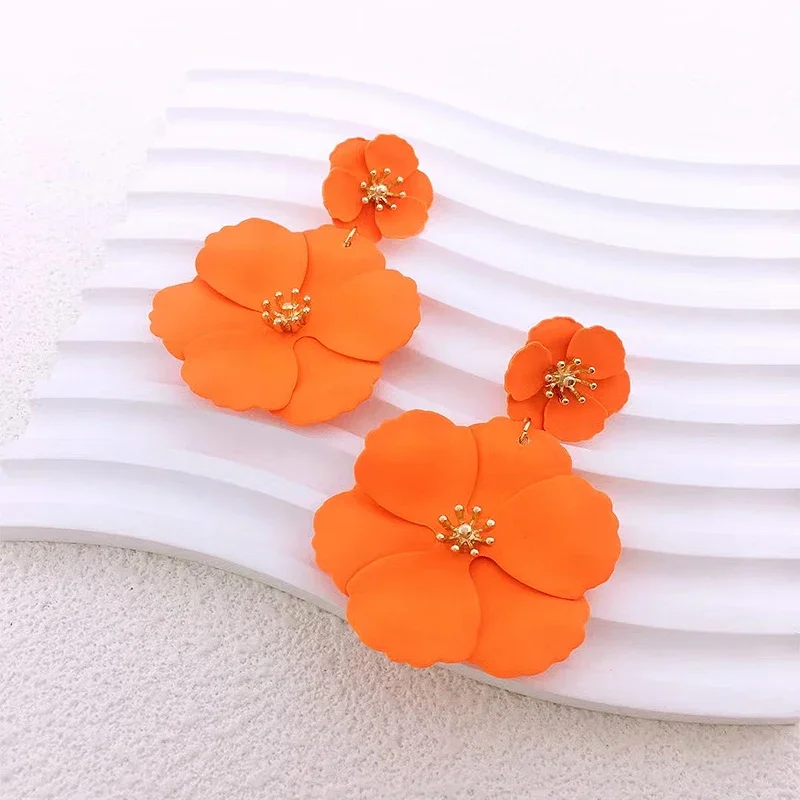 New Fashion Big Flower Drop Earrings for Women Vintage Orange Long Tassel Statement Double Layer Enamel Floral Earring Jewelry