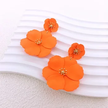 Yeni moda büyük çiçek bırak küpe kadınlar için Vintage turuncu uzun püskül bildirimi çift katmanlı emaye çiçek küpe takı