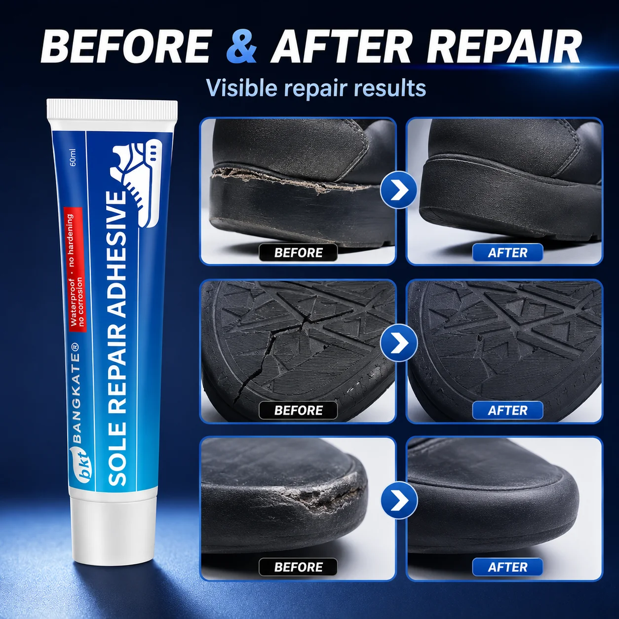 Sole Repair Adhesive 60mL, Waterproof Flexible Shoe Glue for Rubber, Leather, PU and TPR Soles, with Applicator and Sanding Disc view 3