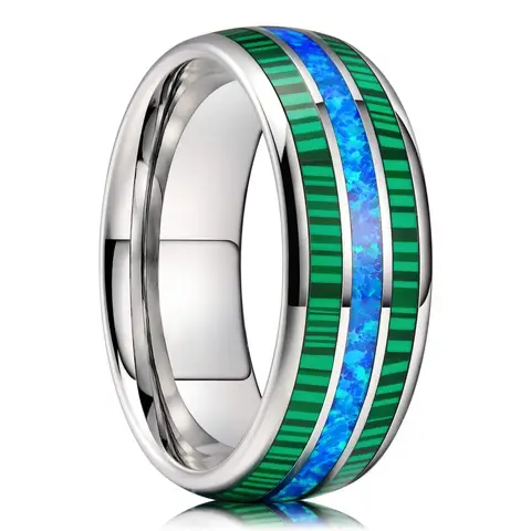 Fashion 8mm Men Stainless Steel Rings Inlay Blue Opal Green Abalone Shell Rings For Men Women Wedding Engagement Band Jewelry