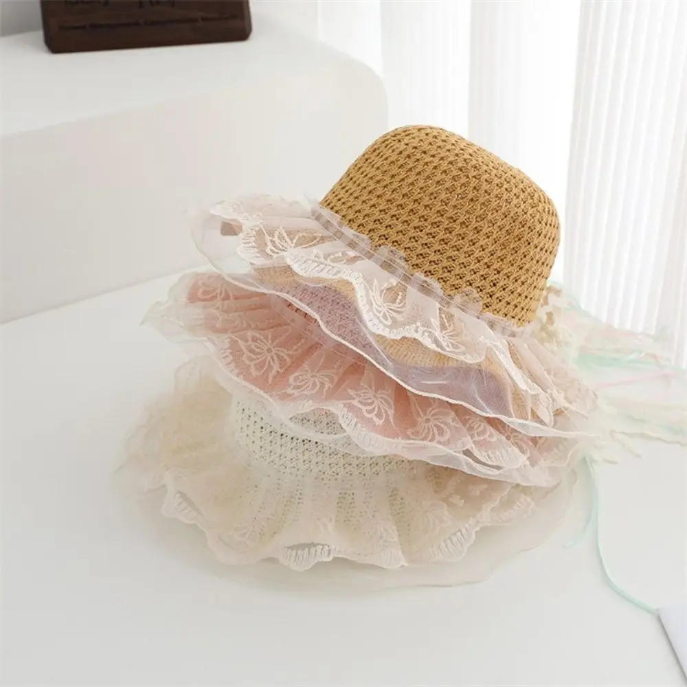 

Fashion Wide Brim Children Sun Hat Lace Trim Breathable Material Sun Hat Straw Material Pearl Decoration Straw Hat Outdoor Use