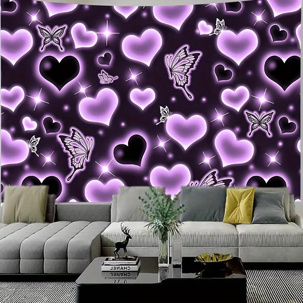 Glowing Hearts and Butterflies Tapestry: Romantic Neon Wall Art for a Magical, Cozy, and Enchanting Decor Statement