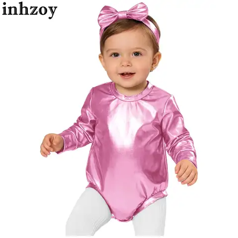 Baby Girls Long Sleeve Metallic Shiny Buttons Crotch Romper with Bow Headband Birthday Theme Party Photography Outfit Daily Wear