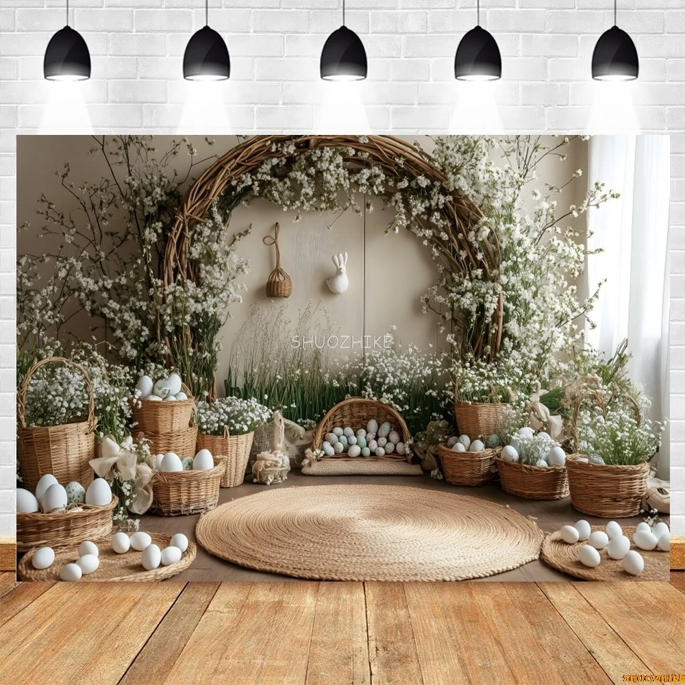 ربيع عيد الفصح الطفل صورة التصوير خلفية الزهور قوس البيض سلة للزهور عيد ميلاد الاطفال الفن صورة خلفية كشك التصوير
