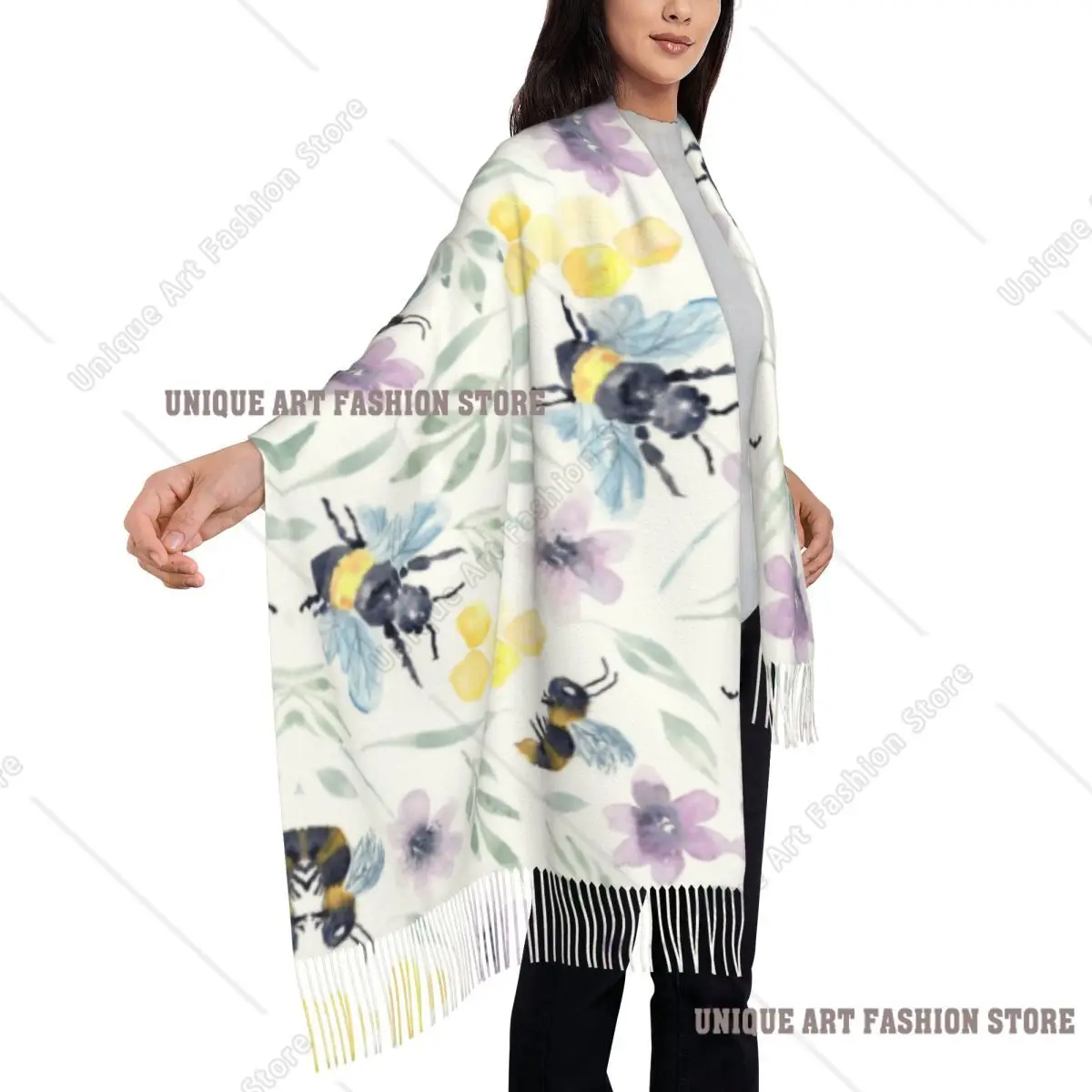 مخصص طباعة المائية النحل Pollinators مع الأزهار وشاح الرجال النساء شتاء خريف الأوشحة الدافئة شال التفاف