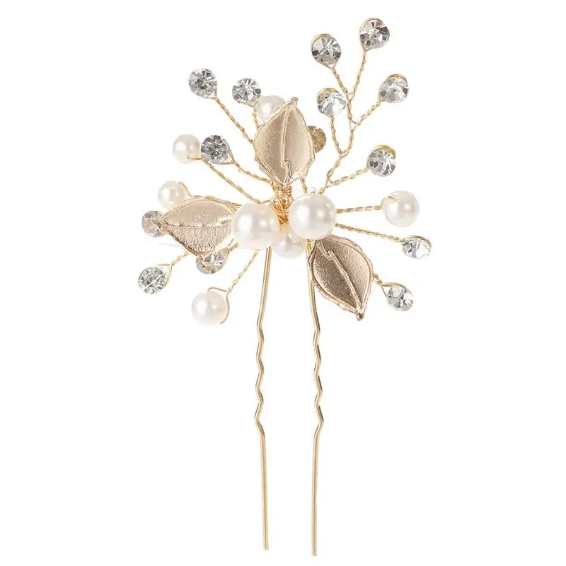 1Pc Pearl Flower Hairpin Side Comb Golden Leaf Shaped Alloy Tiaras Wedding Bride Insert Hair Clips Hair Jewelry Bride Headwear