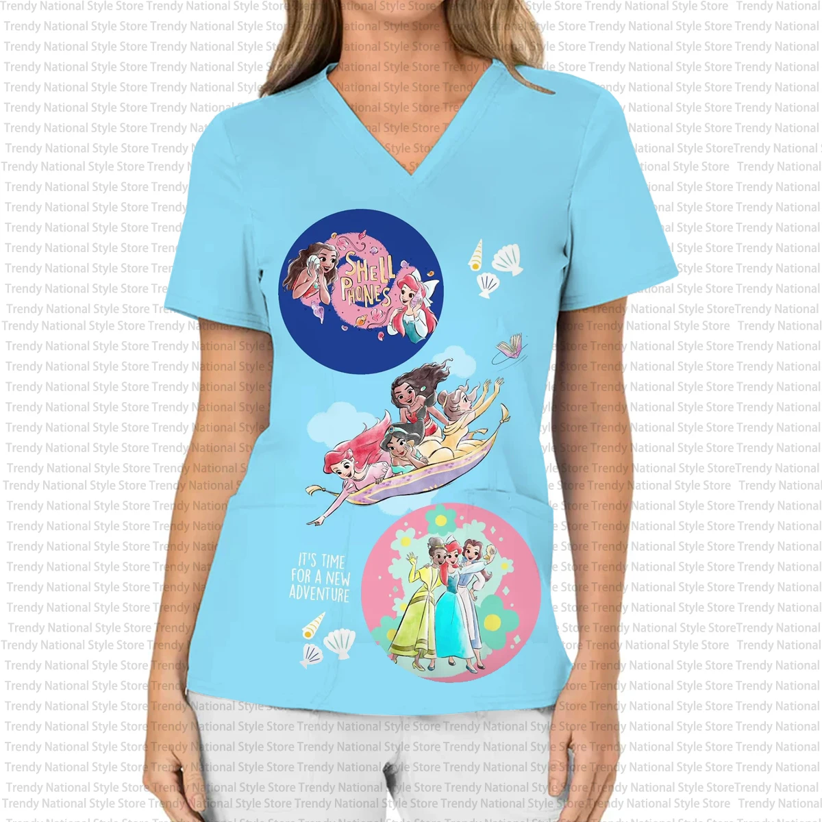 تي شيرت نسائي جديد بلوري برقبة على شكل حرف V مع طباعة أميرات ديزني - عيادة الأسنان، متجر الحيوانات الأليفة، بدلة ركاب، زي ممرضة المستشفى #4