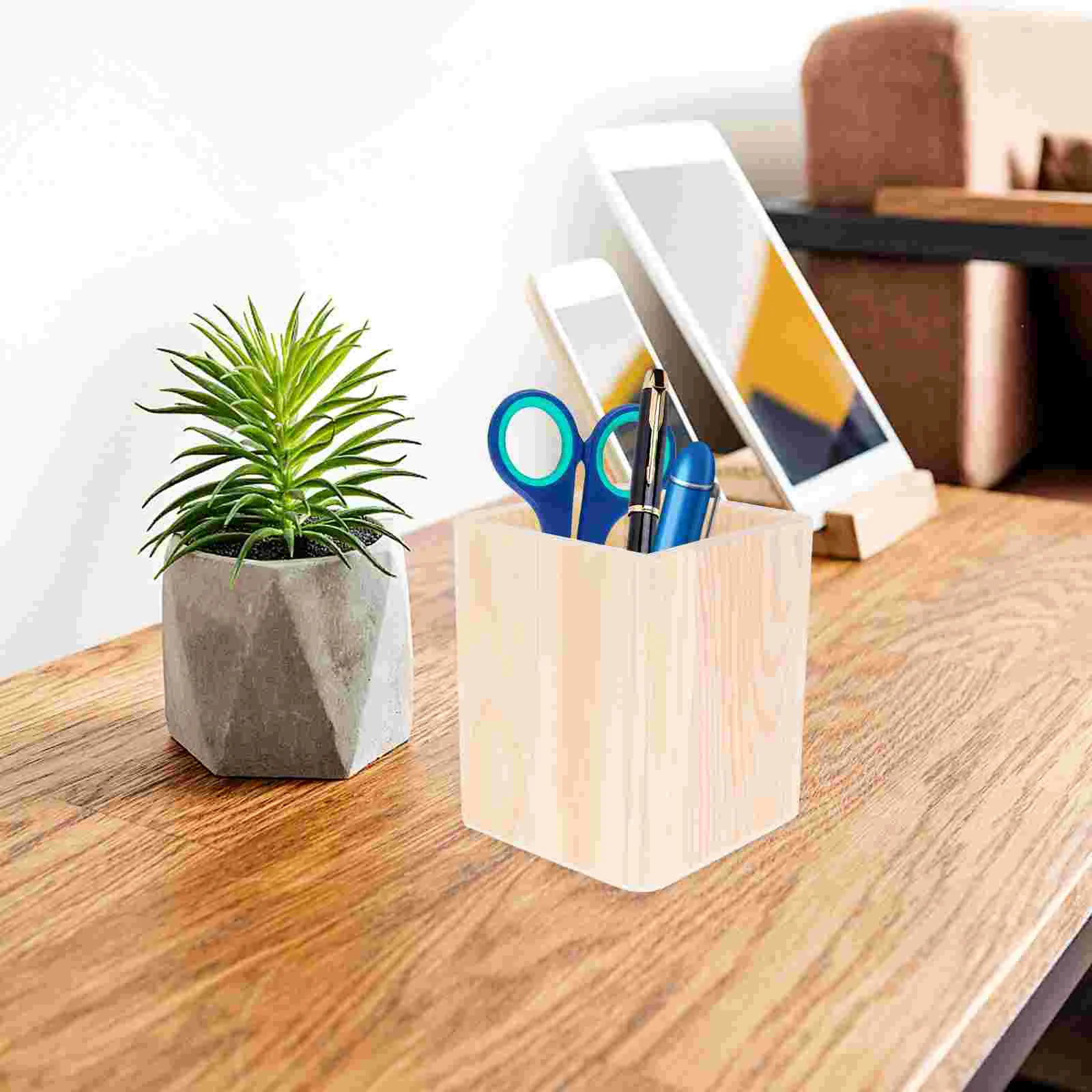 2 Pcs Single Compartments Wooden Container Pen Holder Office Organizer Unfinished Solid Color Case Pot for Home Office DIY Graff