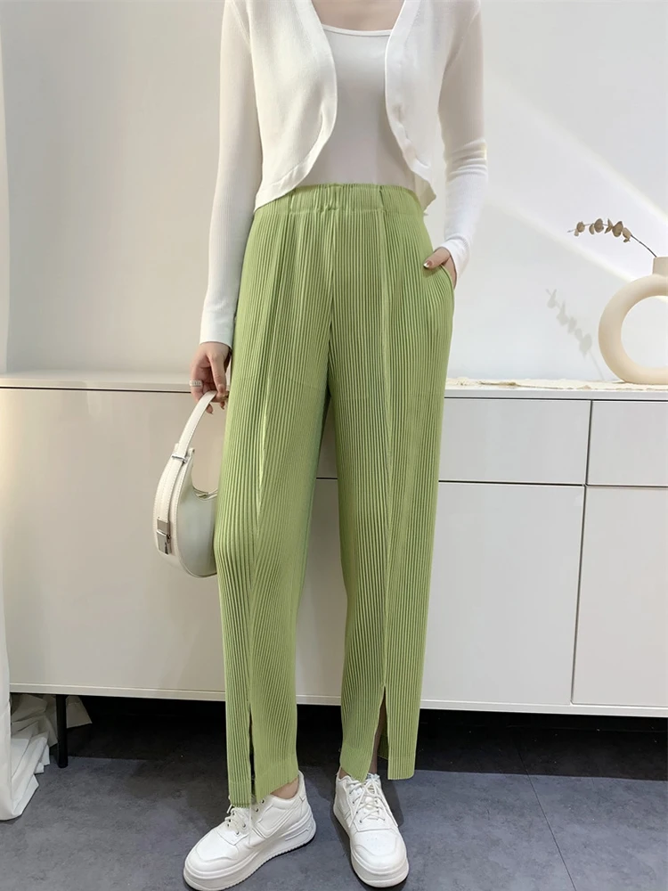 GVUW Pleated Women Pants Fashion Elastic Waist Pockets Solid Color New 2024 Versatile Casual Female Pencil Trousers 17G7744