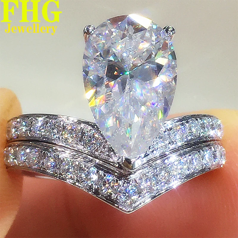 

Solid 18K Au750 White Gold Women Ring DVVS Pear Moissanite Diamonds 3Carat a set Ring Wedding Party Engagement Anniversary Ring