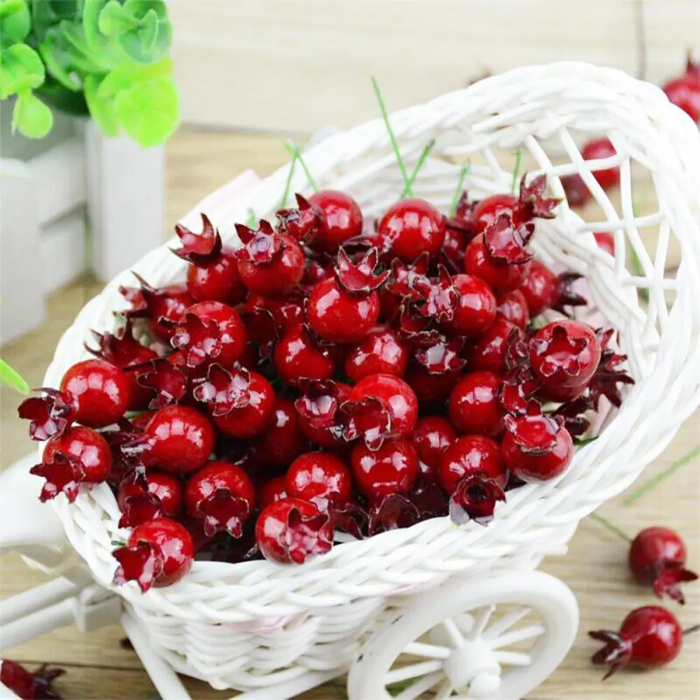 20 Pcs Mini Artificial Plastic Pomegranate Fruit Vegetable Small Cherry Bouquet Stamen Wedding Home Christmas Flower Decorative