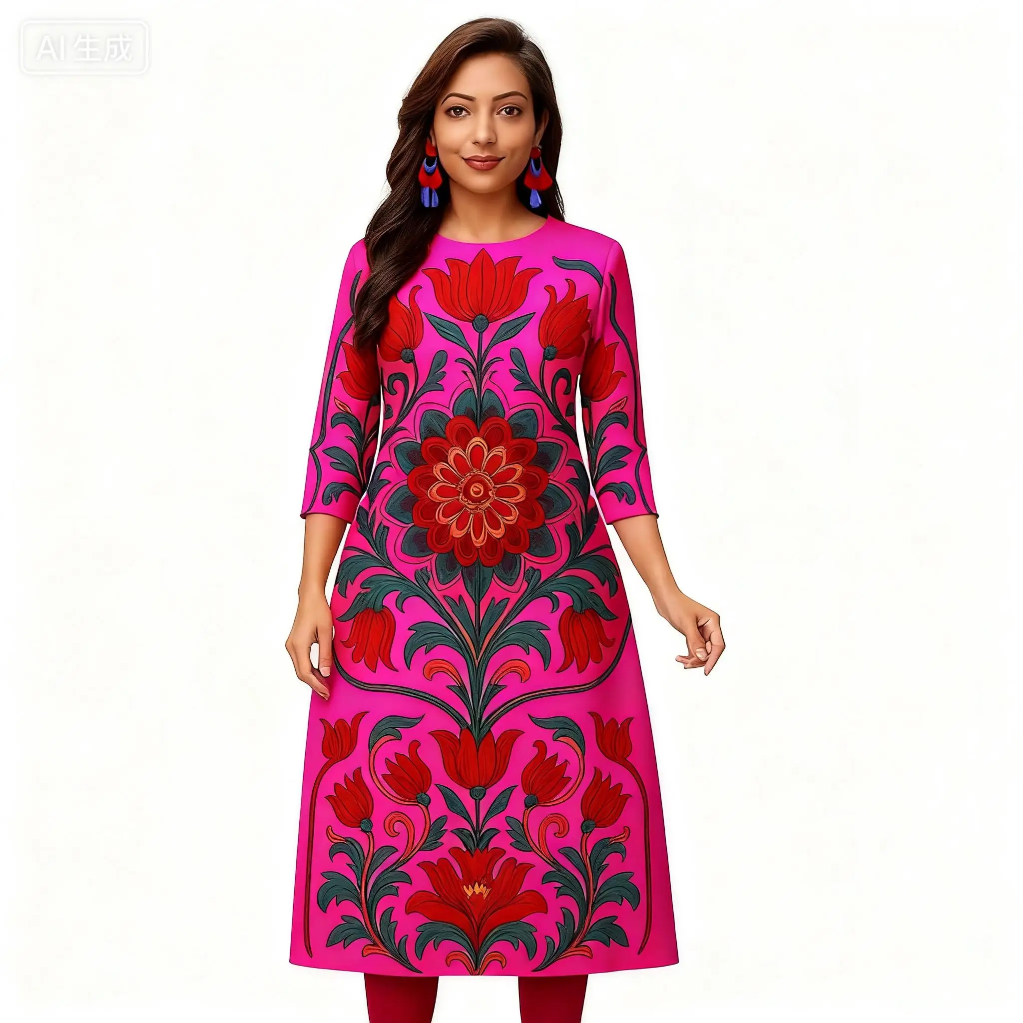 무슬림 레드 여성 캐주얼 패셔너블 편안한 스트레이트 튜브 캐주얼 에스닉 공작새 민족 스타일 아비토 도나 무슬리마나