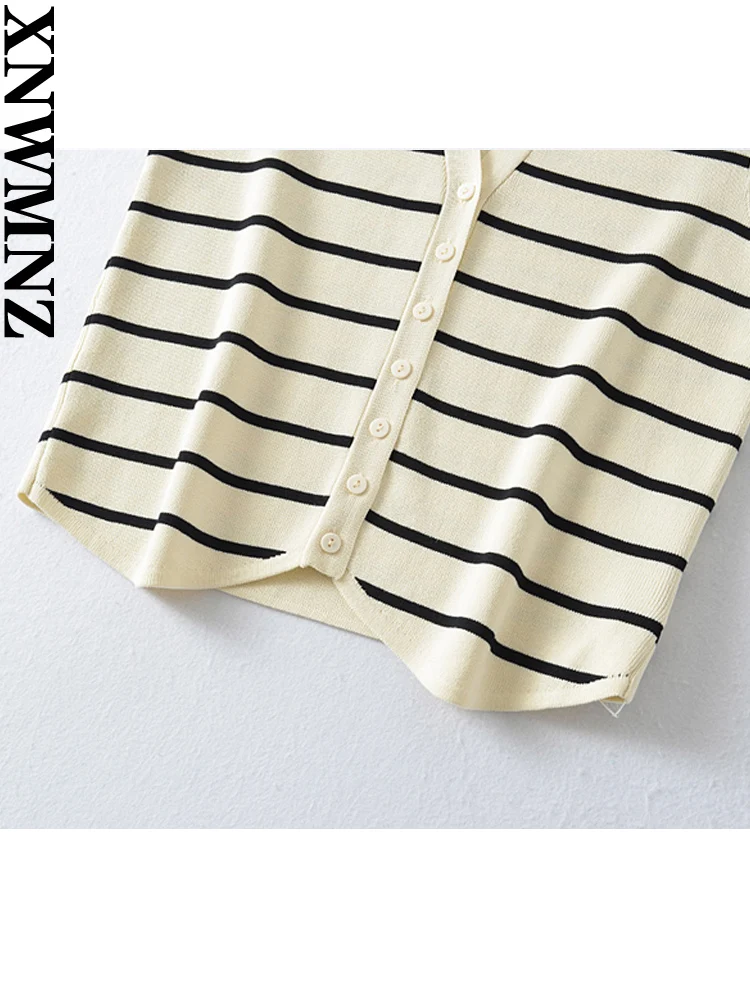 XNWMNZ 2023 Women Fashion Stripe Tank Top Woman Vintage V-neck Sleeveless Front Button Slim Fit Female Chic Waistcoat