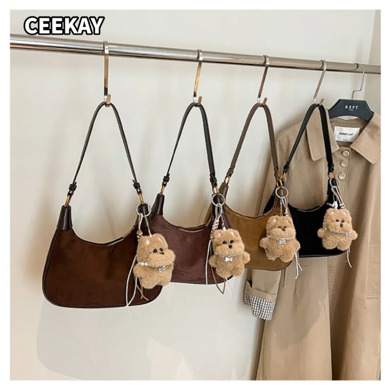 CEEKAY Women's Shoulder Bag Dark Brown Suede Crescent Handbag Plush Dog Pendant Tassel Detail Daily Commute Casual Sweet