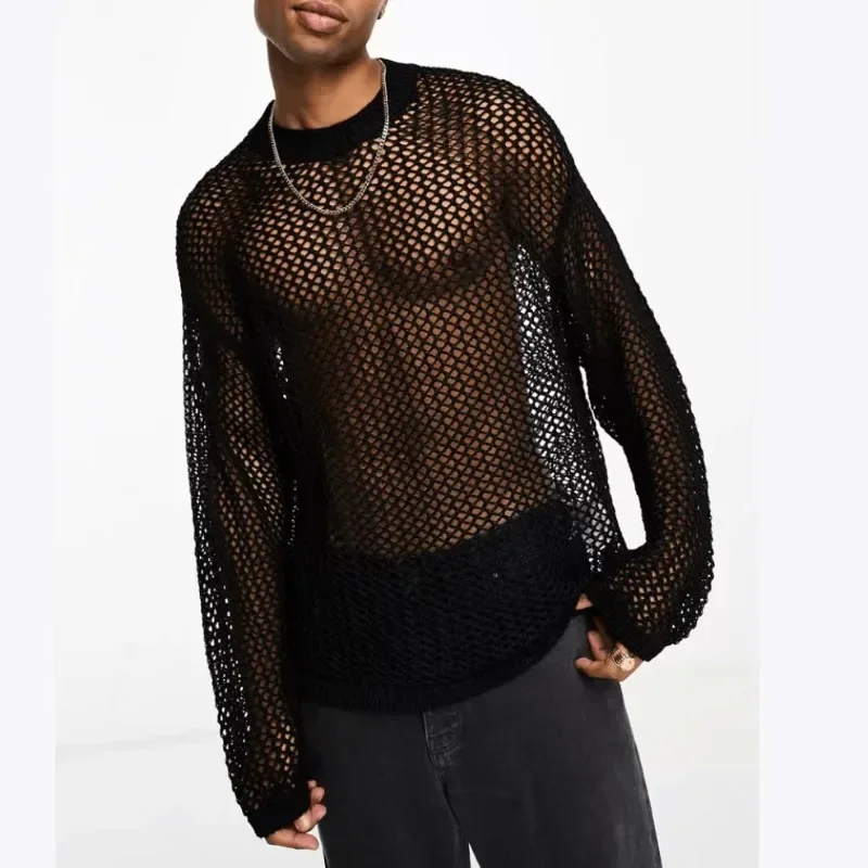 Mens Base Shirt Grid Sunscreen Long Sleeved Shoulder Drop Transparent T-shirt Woven Top Hollowed Out Knitted T-shirt for Men