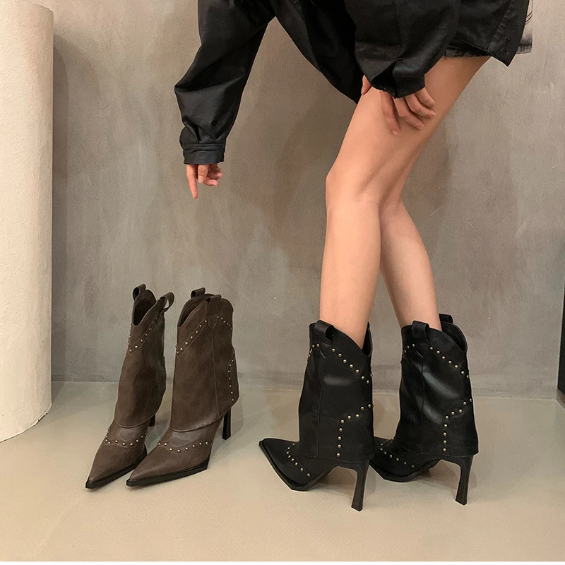 Otoño Invierno Vintage remache mujeres botas de vaquera occidental moda Slip on zapatos de tacón alto botines cortos de caballero para mujer