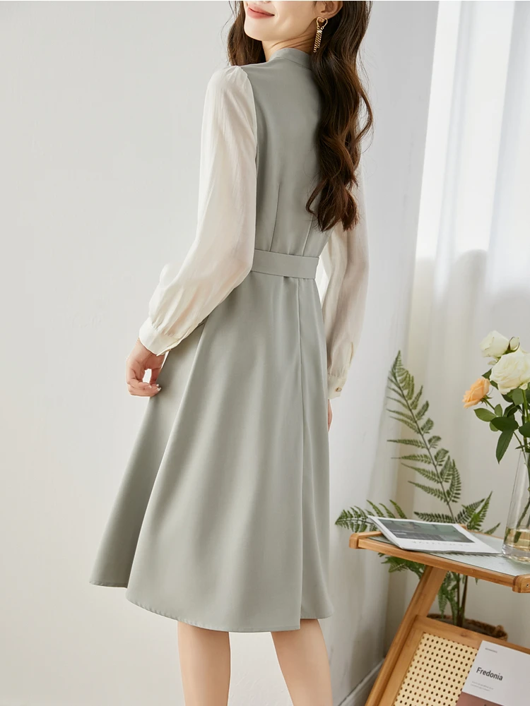 Vimly Elegant Dresses for Women 2024 Spring Stand Collar Belted Waist Slim Patchwork Long Sleeve A Line Midi Dress Office Ladies