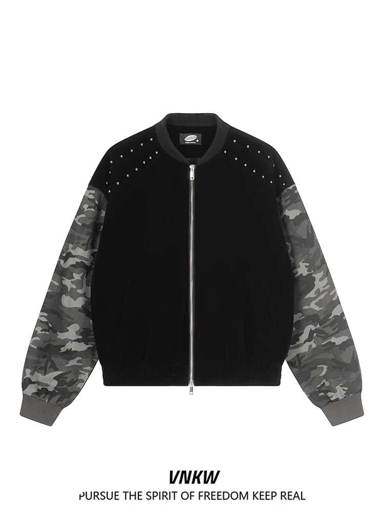 

American Retro Camouflage Long Sve Splicing Rivet Baseball Jaet Men's Loose Casual Couple ort Coat Trendy Cotton Blend