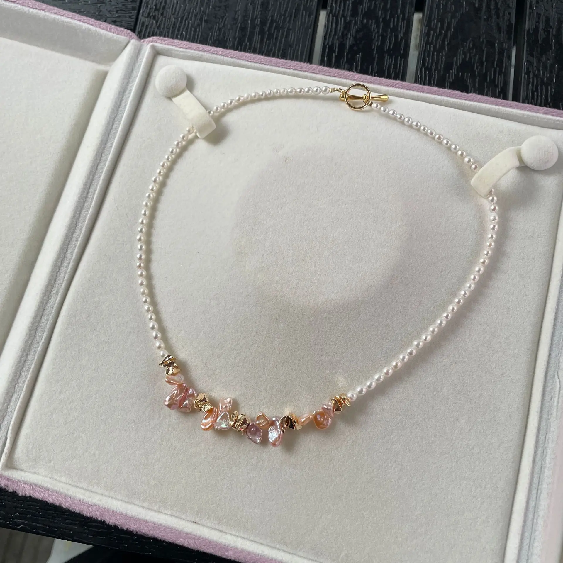 2.5-3mm Natural Aurora Freshwater Pearl Necklace, with Iridescent Petal Shape Beads Fine Skin Luminous, Premium Pearl Jewelry