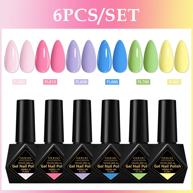 สี่ LILY 10ml 6 ชิ้นเจลเล็บชุดสําหรับเล็บสีชมพู Nude Macaron นีออนที่มีสีสันเล็บเจลเคลือบเงาชุดเล็บเล็บ Supply