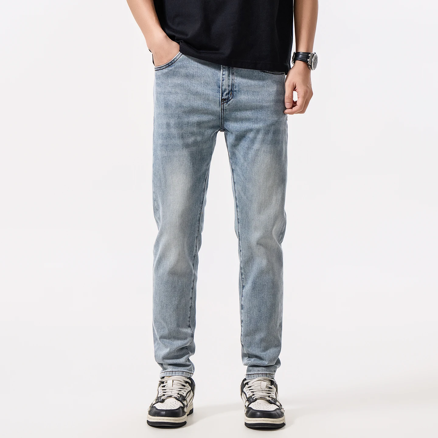 Shorter Guys Korean Men's Vintage Blue Washed Stretch Harem Pants All Season Style Slim Stretch Tapered Straight Denim Jeans