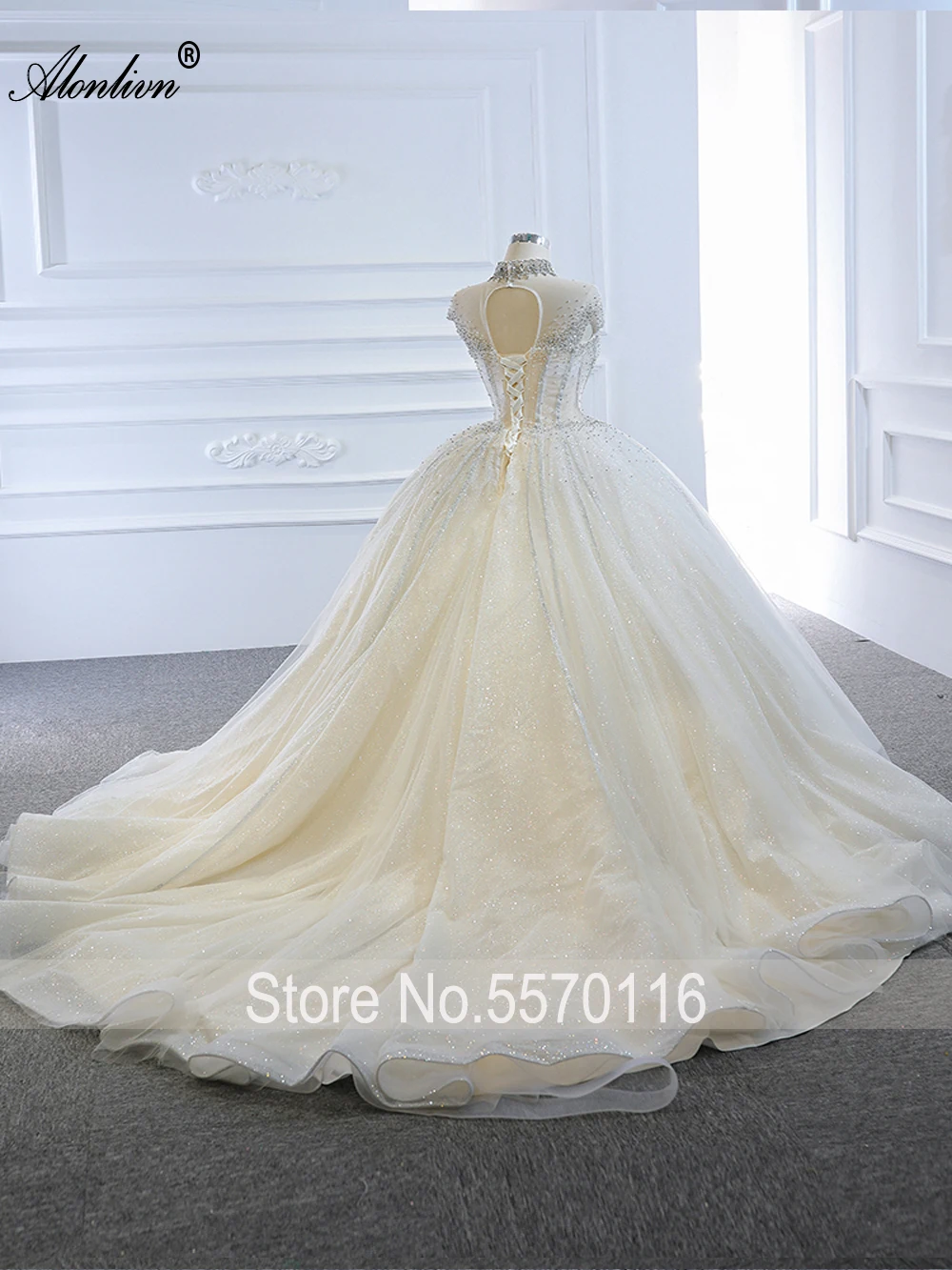 Alonlivn Shiny Lace Ball Gown Wedding Dresses High Collar Beading Crystals Pearls Elegant Bridal Skirts