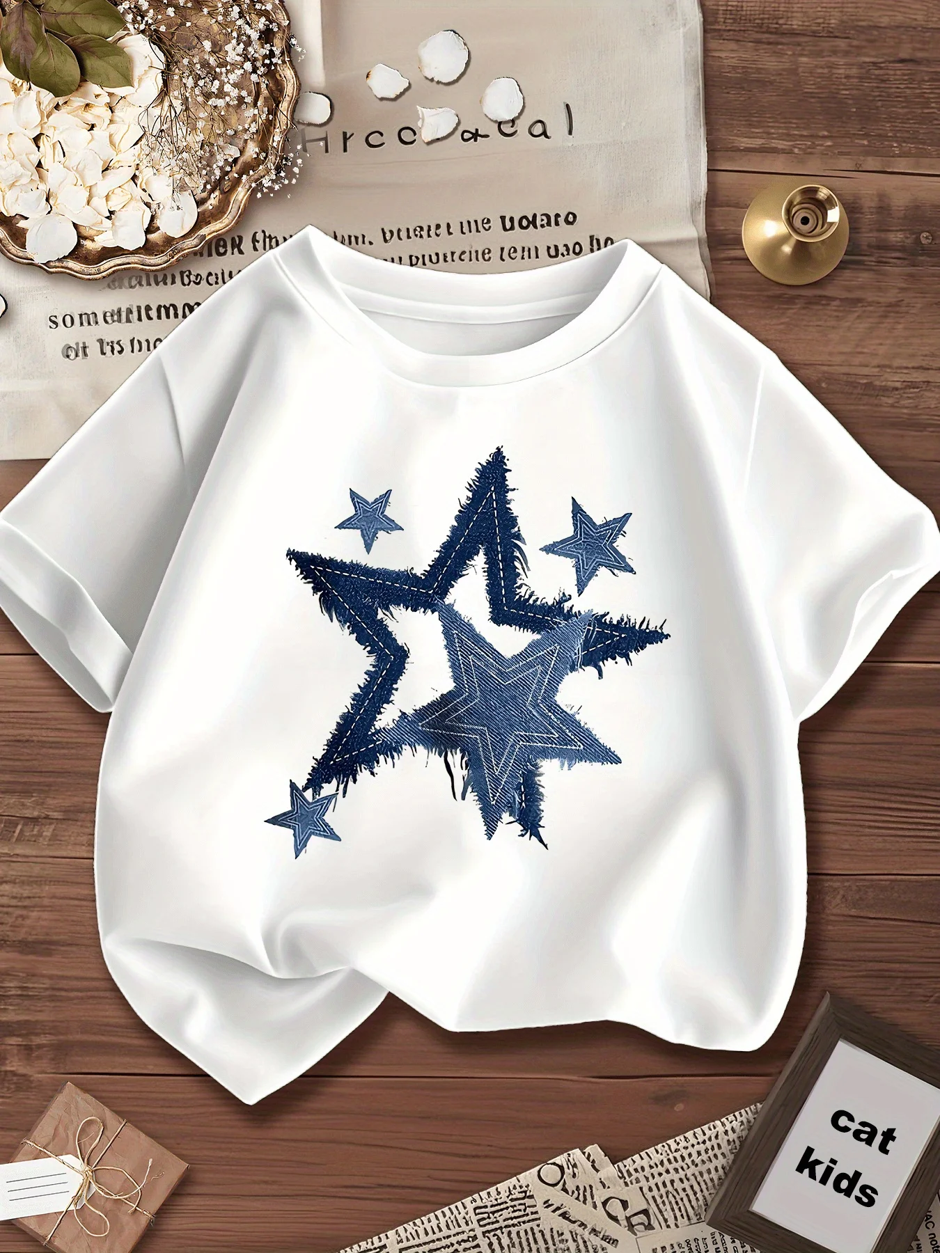 Girls Clothing Distressed Denim Star Graphic T-Shirt Girls Pure Cotton Casual Short Sleeve Kids Y2K Streetwear Vintage Tee Tops